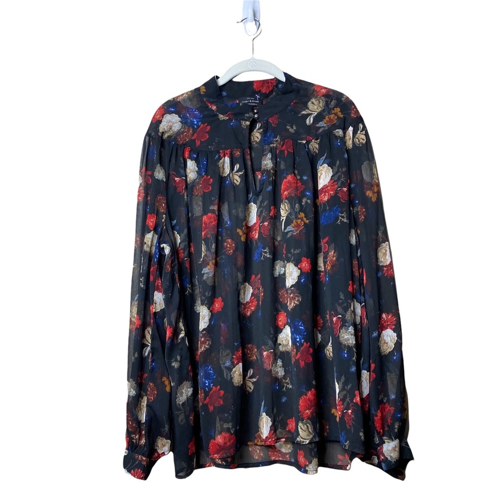 Lucky brand black floral sheer top Keyhole Business Career Long Sleeve Xxl .